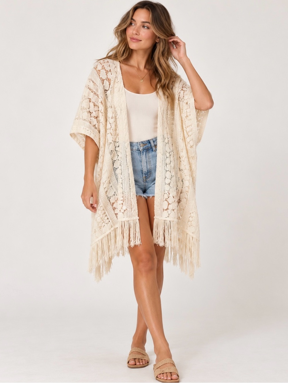 World Market Ivory Crochet Lace Fringe Kimono Cardigan / Beach Cover-Up OS